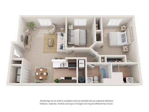 Floor plan for 2 beds, 2 baths, 949 sqft